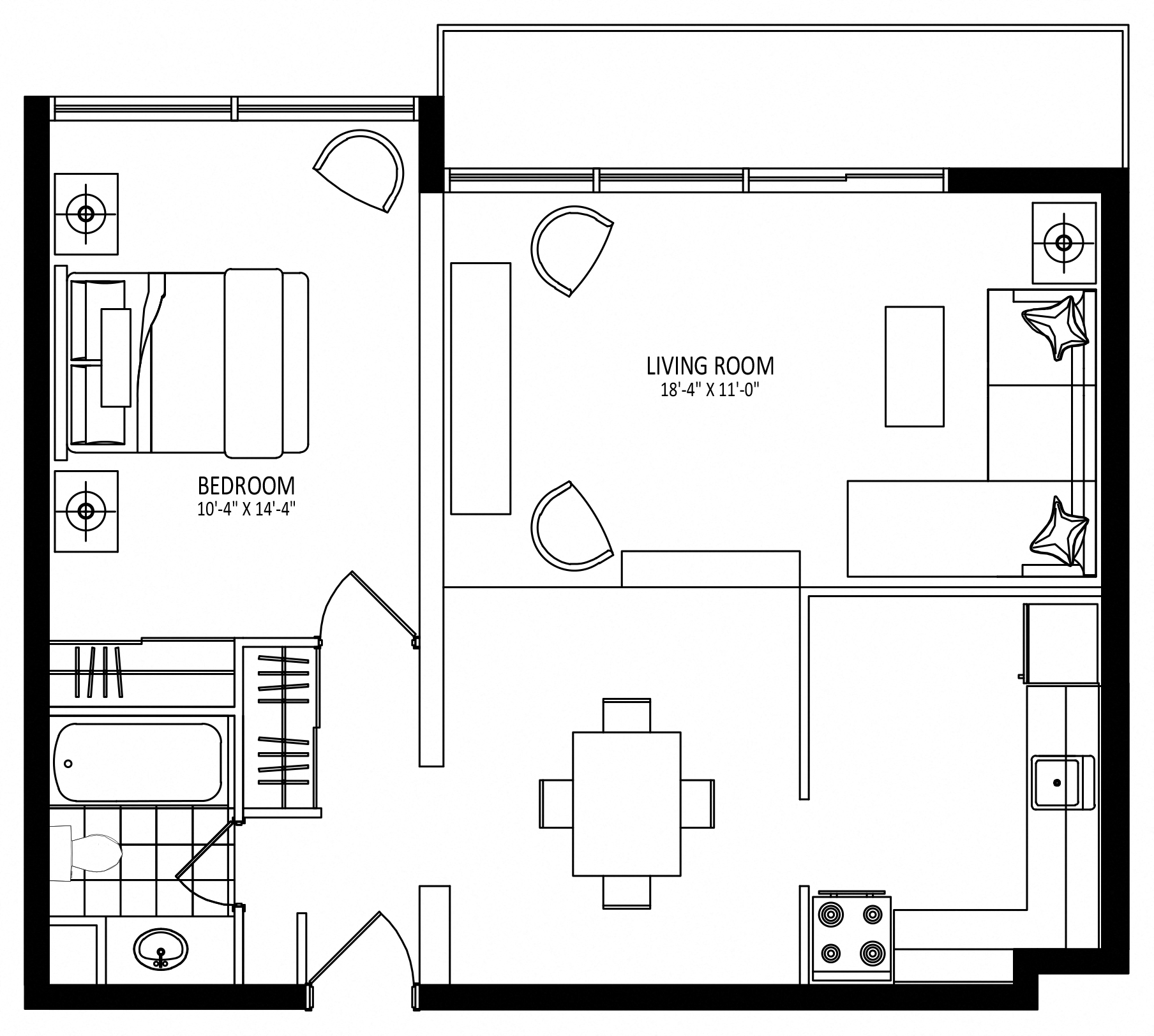 Floor plan for 1 bed, 1 bath, 714 sqft